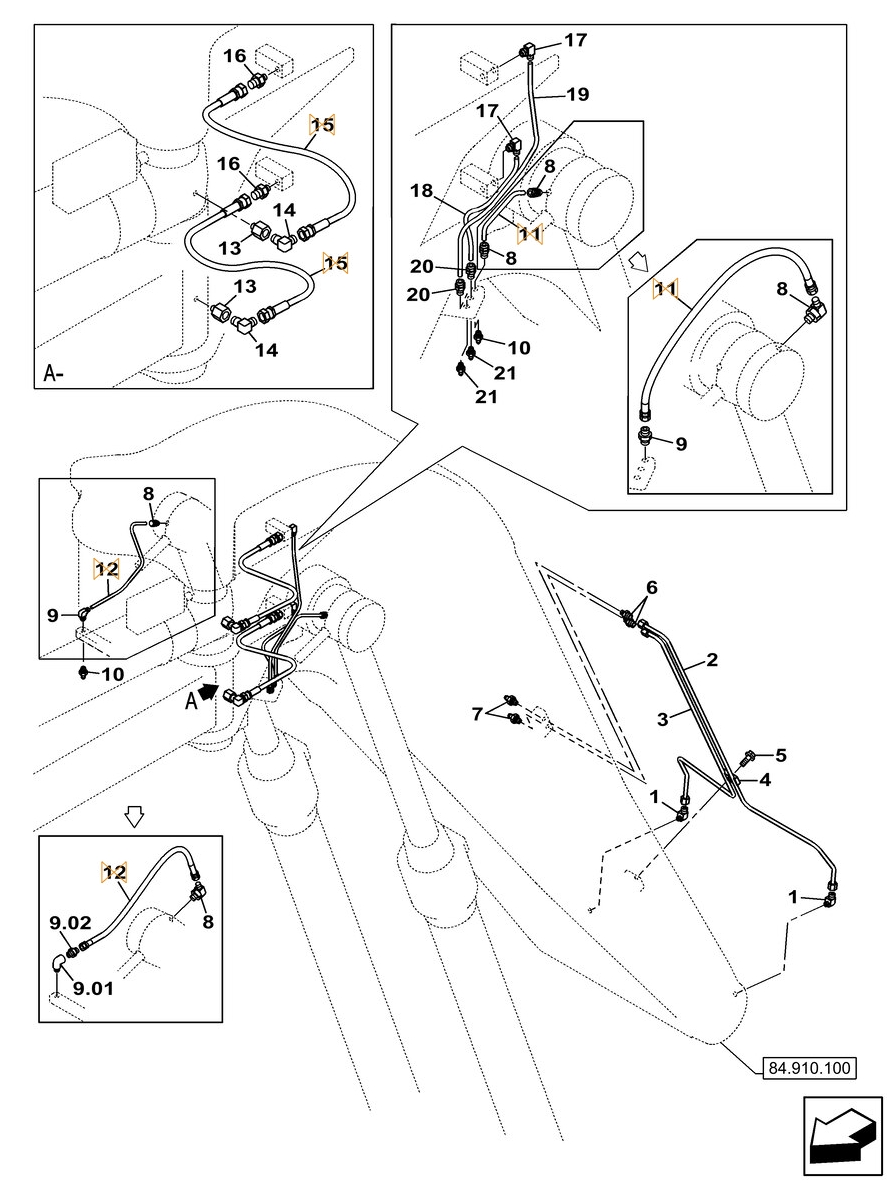 Case CX145C SR installation diagram showing hydraulic hose KHJ2142 at Pipe No. 11
