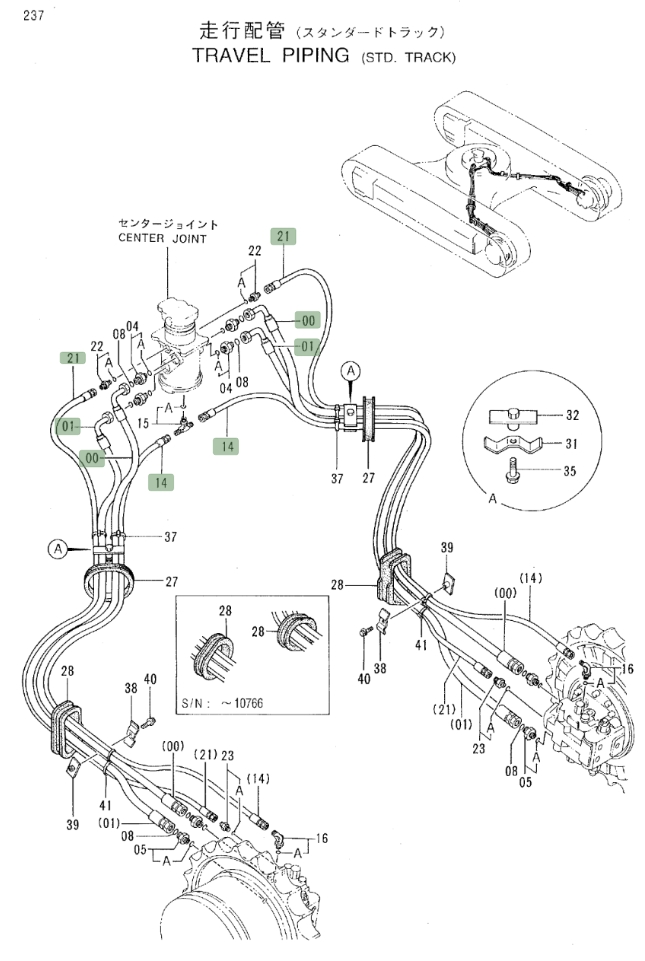 Hitachi EX220LC-3 installation diagram showing hydraulic hose 4254419 at Pipe No. 1