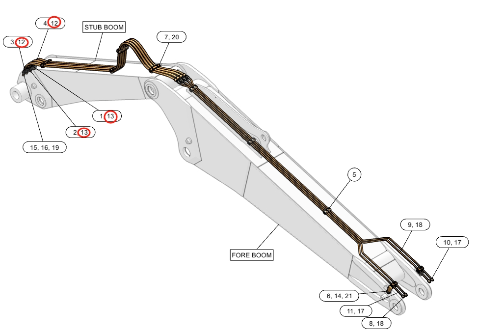 Caterpillar CAT®M315F installation diagram showing hydraulic hose 464-4946 at Pipe No. 13