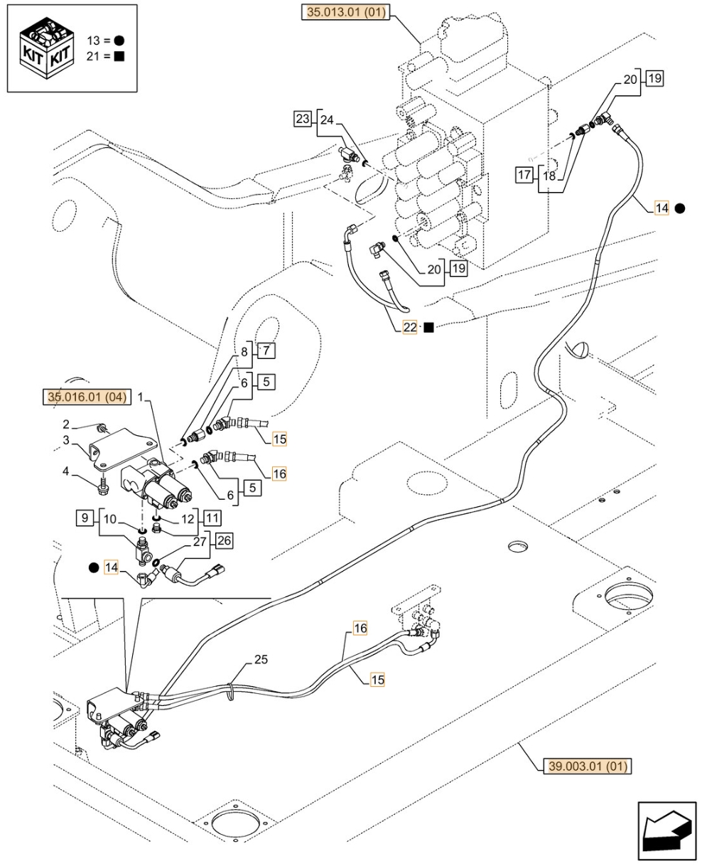 Case CX350C LC installation diagram showing hydraulic hose KHJ18020 at Pipe No. 14