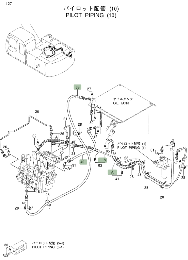 Hitachi EX200LC-5 installation diagram showing hydraulic hose 4349806 at Pipe No. 33