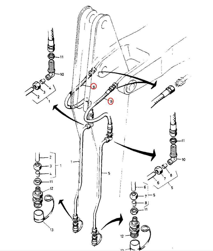 Caterpillar CAT®205 installation diagram showing hydraulic hose 5W-1885 at Pipe No. 9
