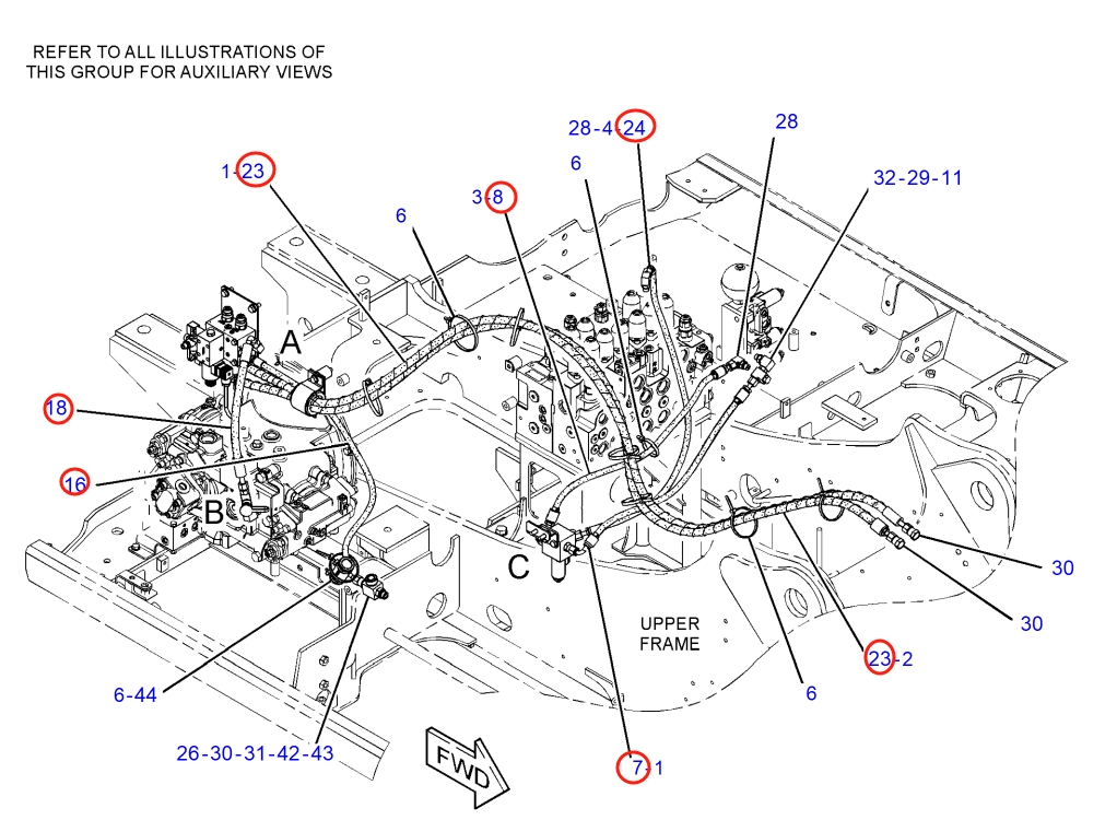 Caterpillar CAT®318F installation diagram showing hydraulic hose 113-6726 at Pipe No. 8