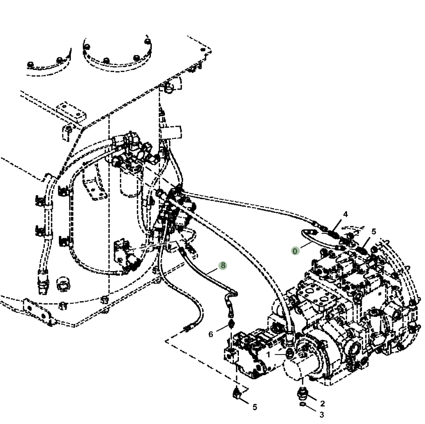 Hitachi ZX470-5A installation diagram showing hydraulic hose 4437397 at Pipe No. 0