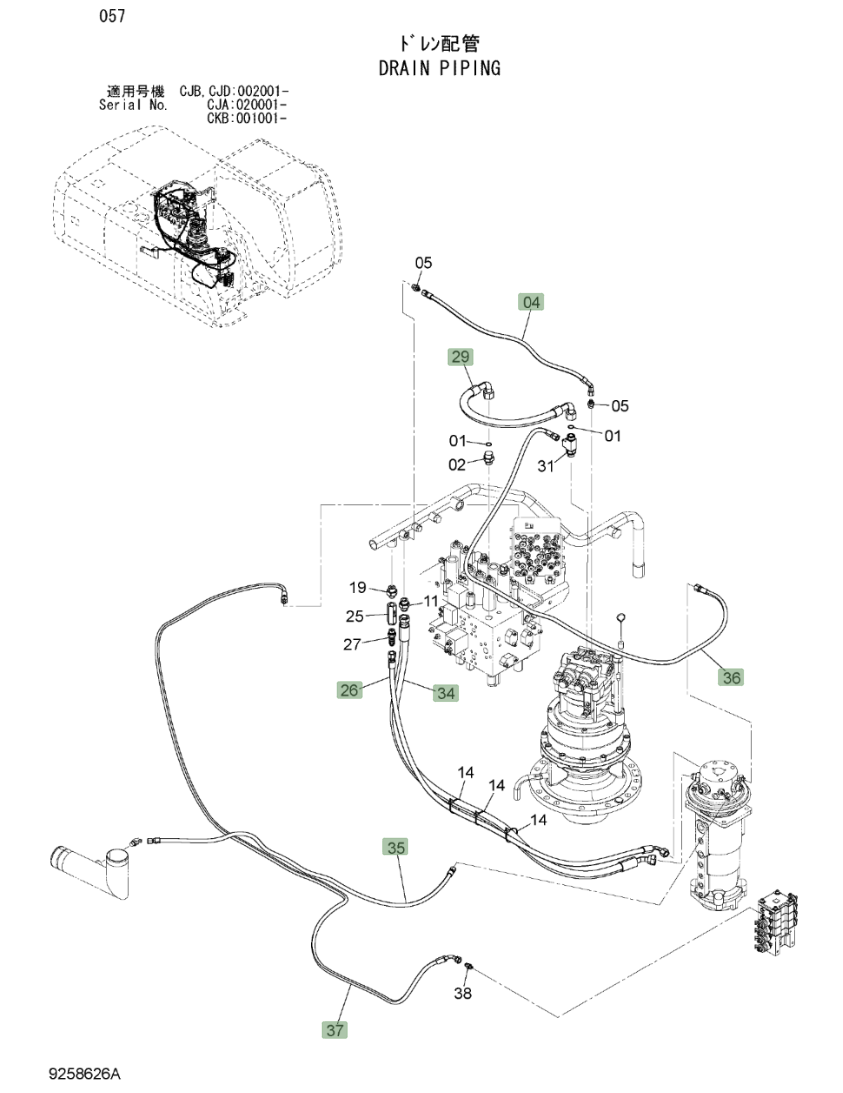 Hitachi ZX220W-3 installation diagram showing hydraulic hose 4606148 at Pipe No. 36