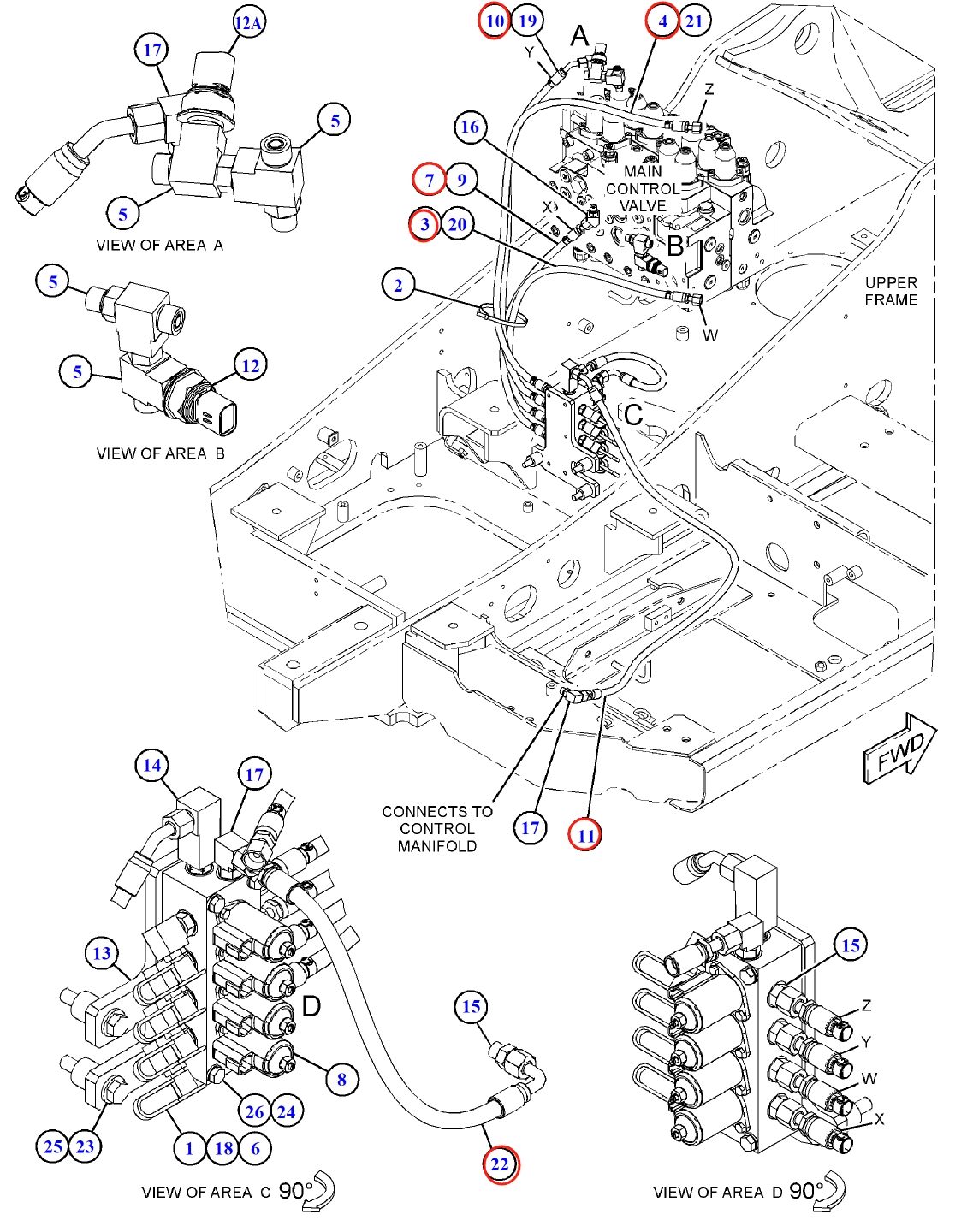 Caterpillar CAT®312F installation diagram showing hydraulic hose 204-8543 at Pipe No. 7