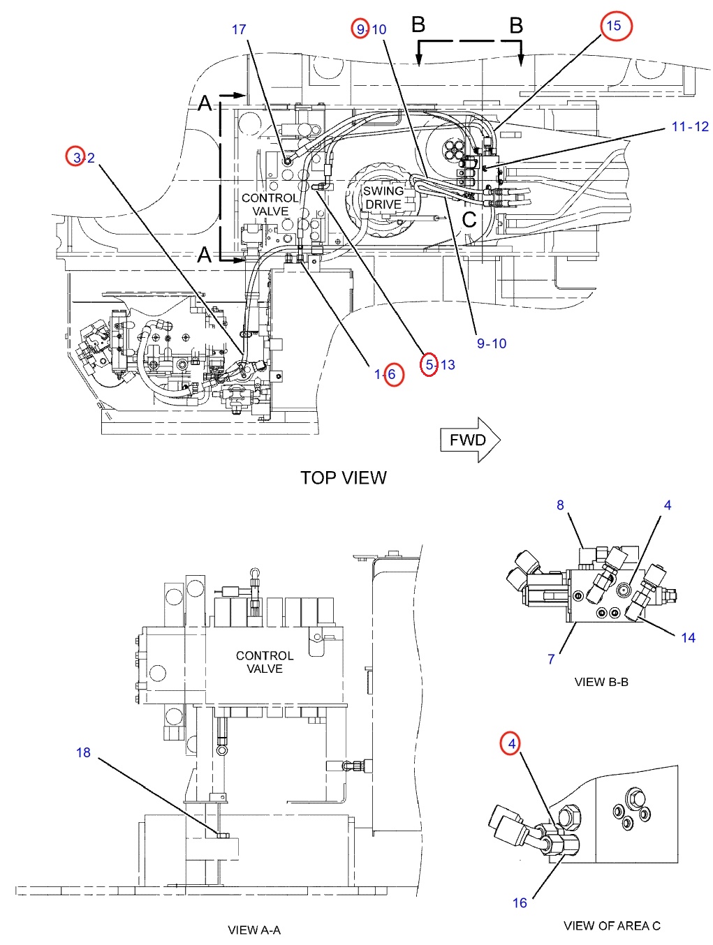 Caterpillar CAT®312C installation diagram showing hydraulic hose 121-1344 at Pipe No. 3