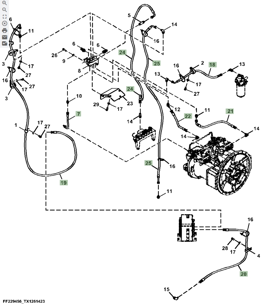 Hitachi ZX370FLC-LL-6N installation diagram showing hydraulic hose FF528673 at Pipe No. 24