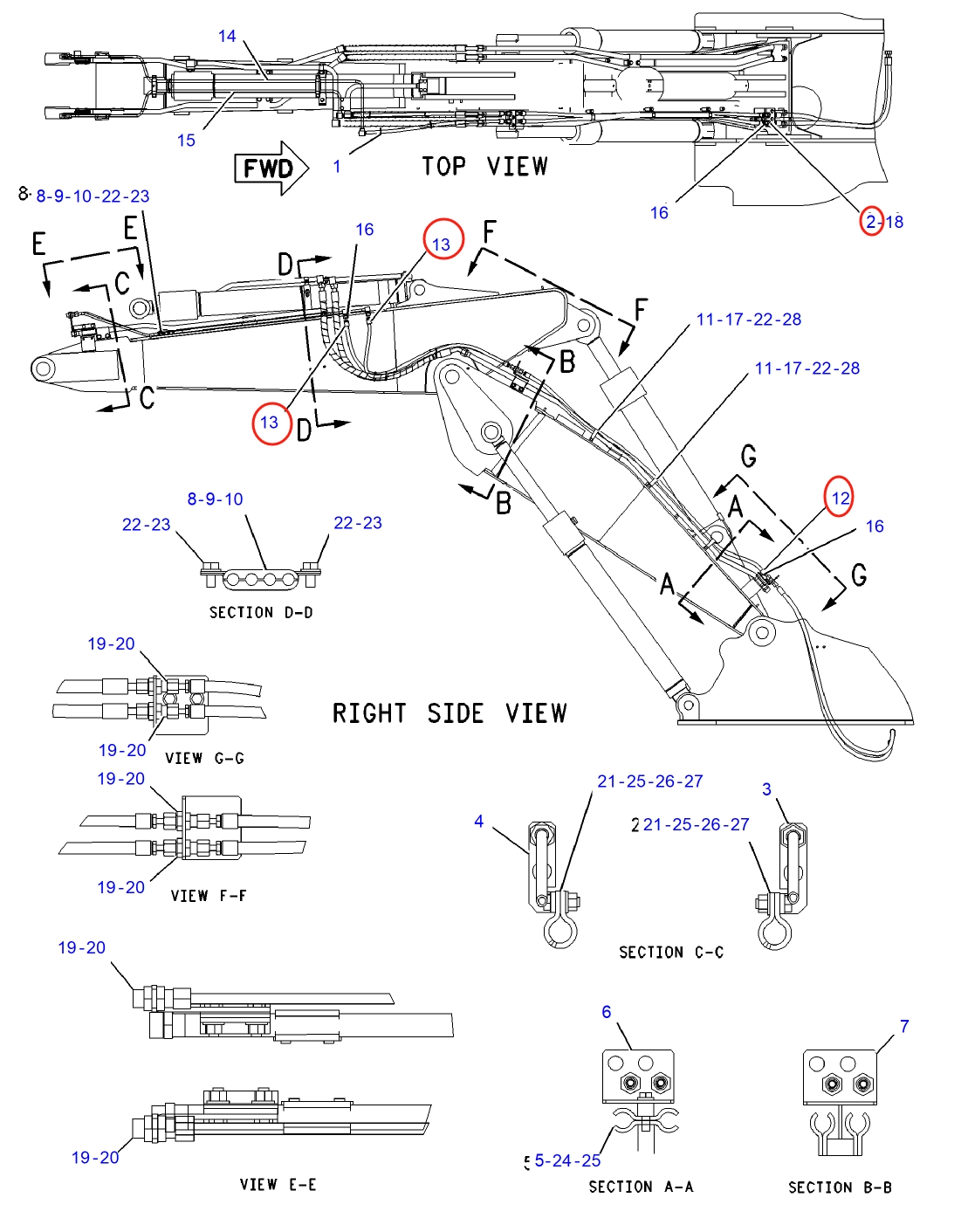 Caterpillar CAT®312B L installation diagram showing hydraulic hose 8E-0081 at Pipe No. 2