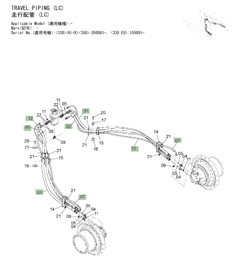 Hitachi ZX350LC-3 installation diagram showing hydraulic hose 4429283 at Pipe No. 12