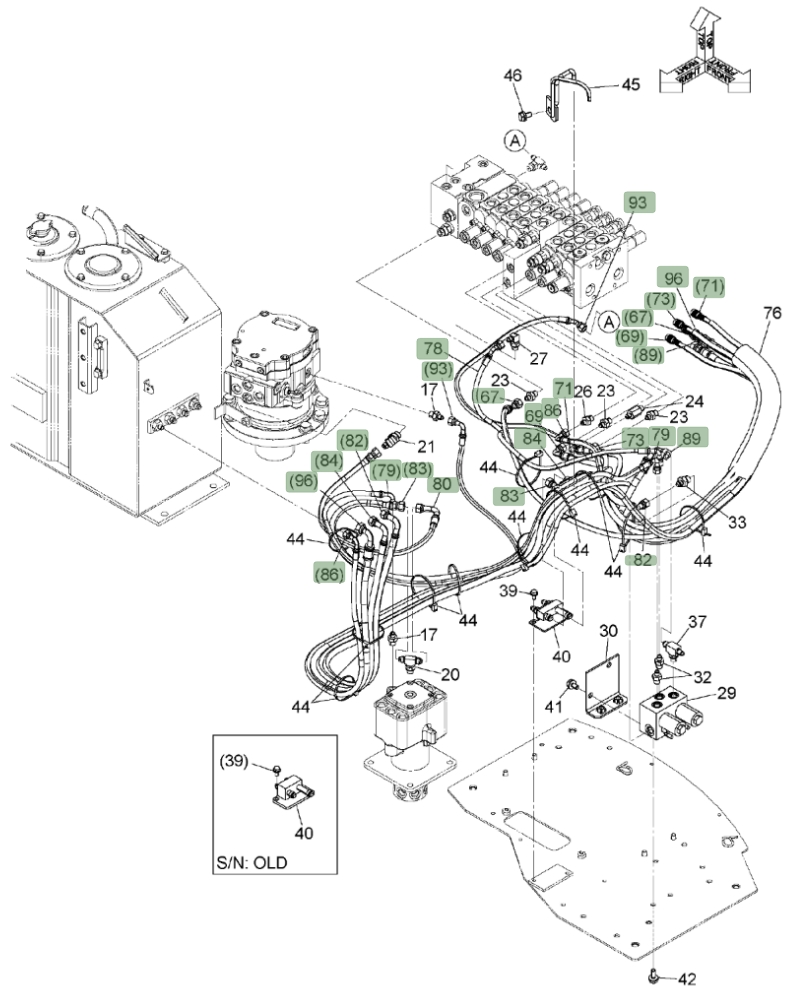 Hitachi ZX50U-3 installation diagram showing hydraulic hose 4709638 at Pipe No. 93