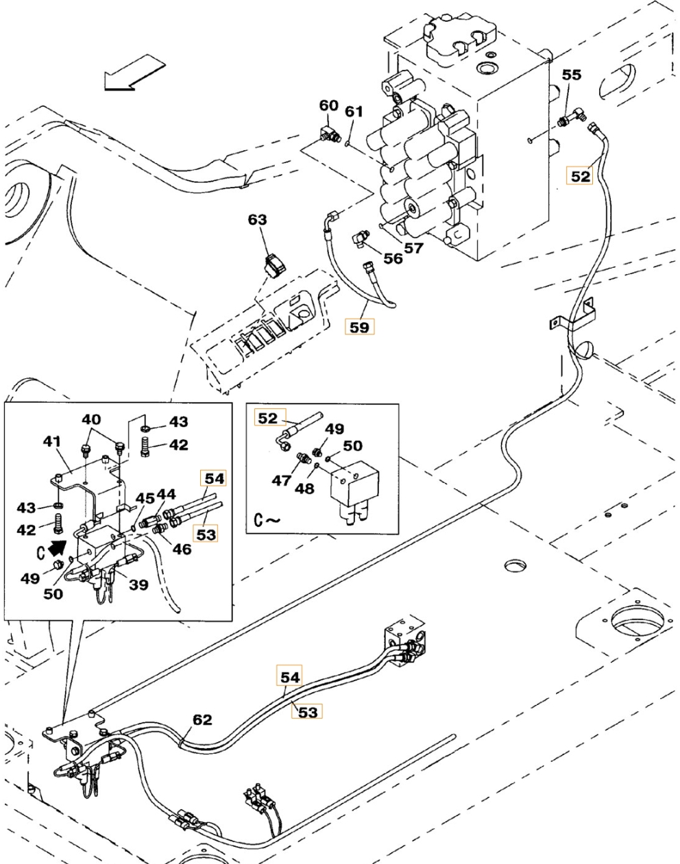 Case CX240BLR installation diagram showing hydraulic hose KHJ13660 at Pipe No. 52