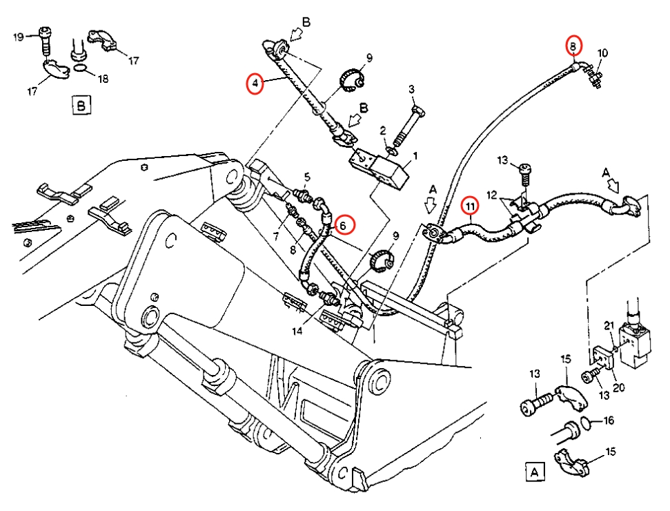 Caterpillar CAT®211B installation diagram showing hydraulic hose 8U-7521 at Pipe No. 11