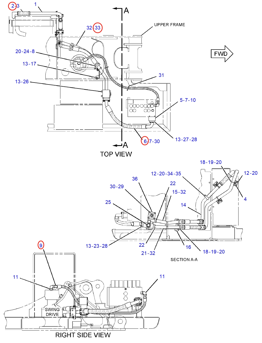 Caterpillar CAT®311C installation diagram showing hydraulic hose 187-5877 at Pipe No. 9