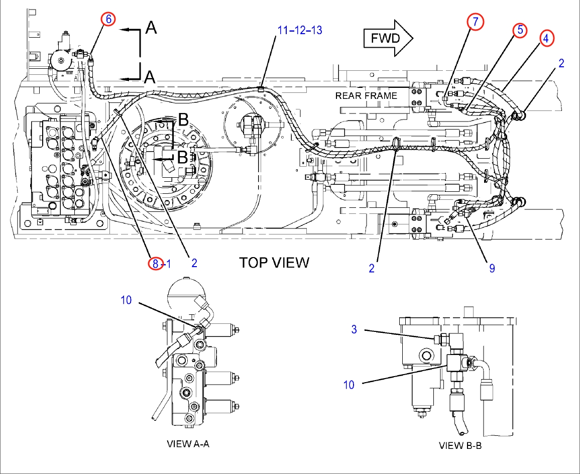 Caterpillar CAT®318E L installation diagram showing hydraulic hose 353-0687 at Pipe No. 8