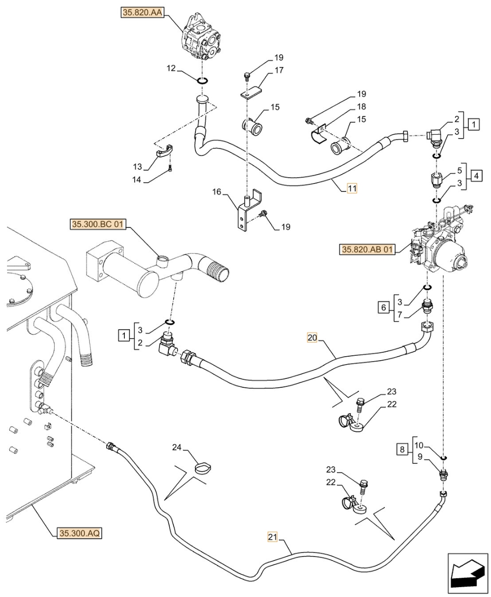 Case CX490D LC installation diagram showing hydraulic hose KAJ3619 at Pipe No. 20