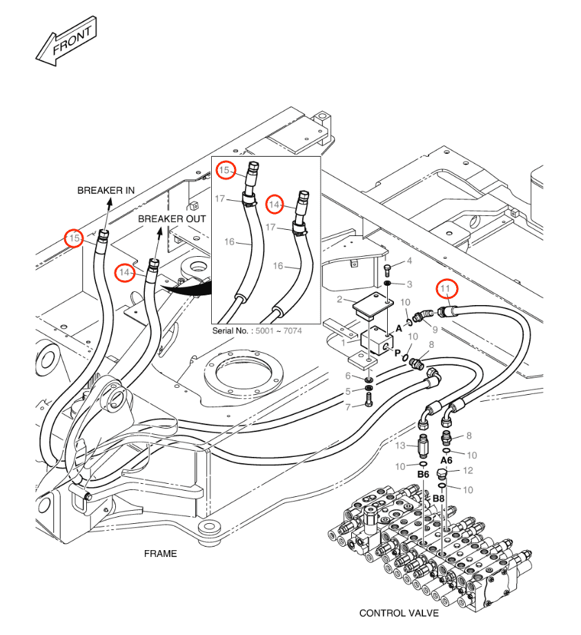 Doosan DX55W installation diagram showing hydraulic hose DS2093562 at Pipe No. 14