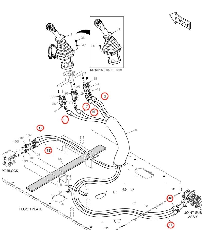 Doosan DX160LC-3 installation diagram showing hydraulic hose DS2113059 at Pipe No. 17