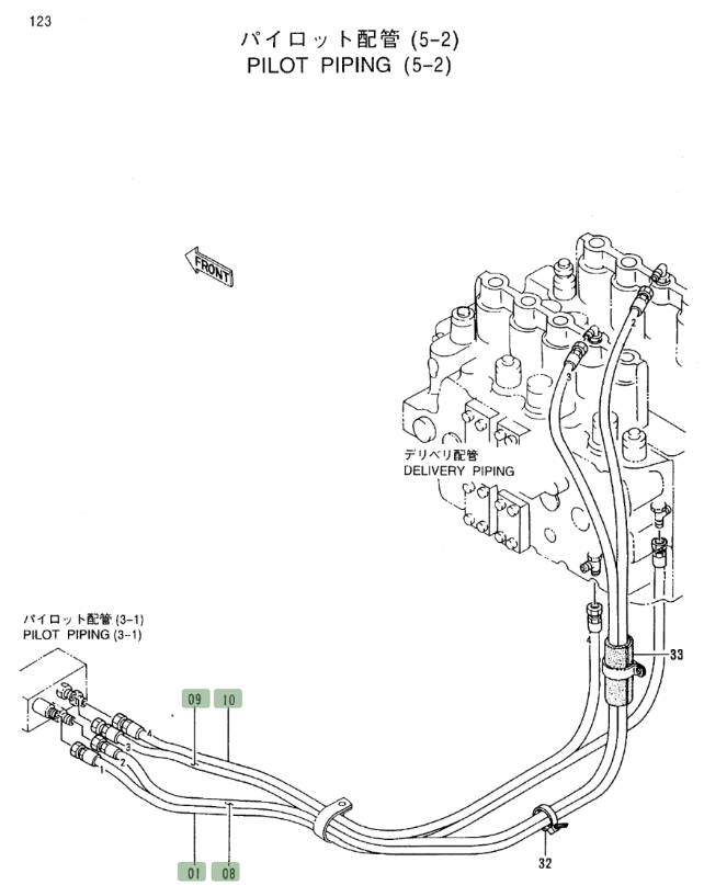 Hitachi EX450LC-5 installation diagram showing hydraulic hose 4369200 at Pipe No. 8