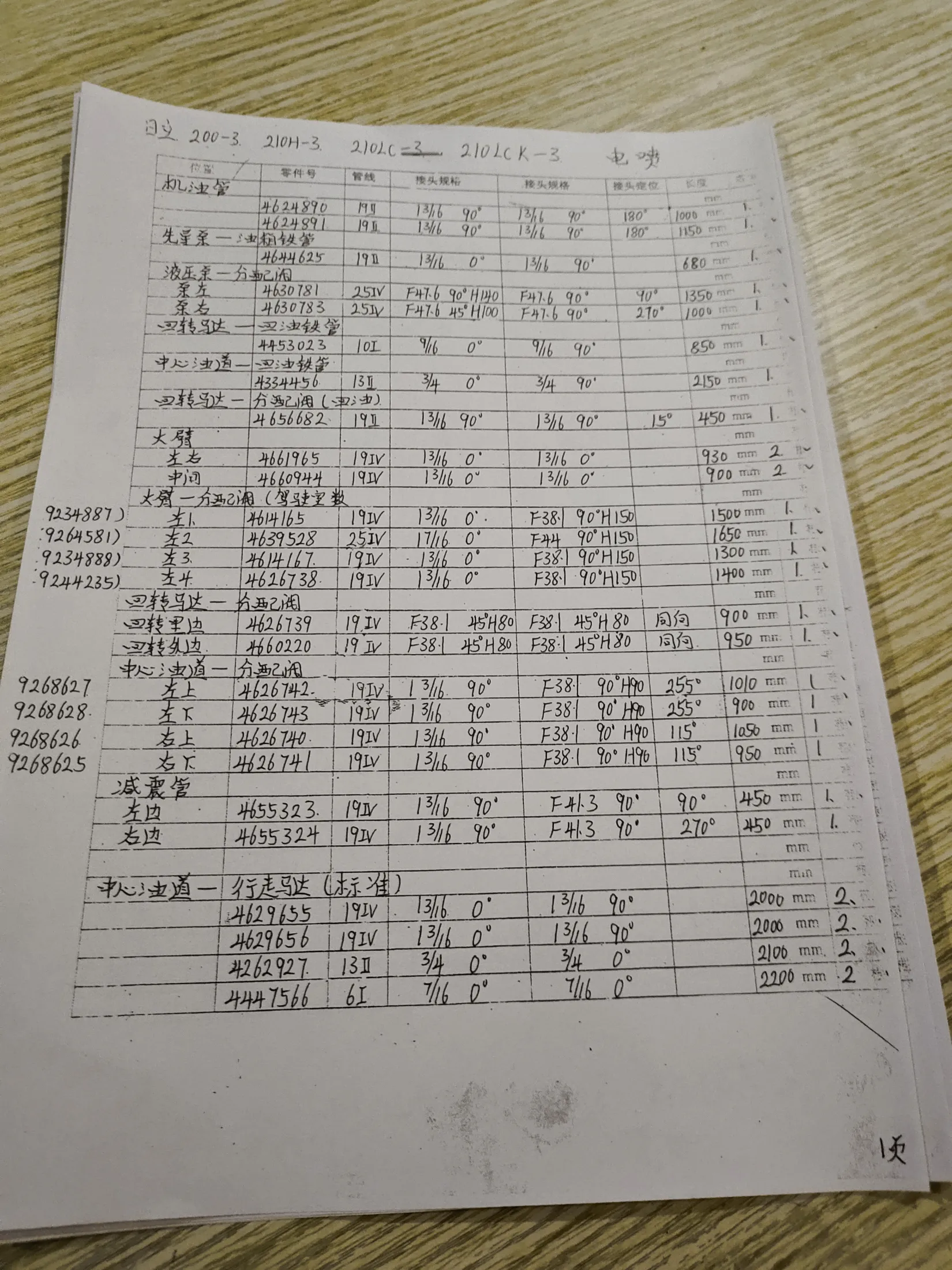Hitachi ZX210H-3 hydraulic hose part numbers and recorded lengths — technician notebook page 1 of 1