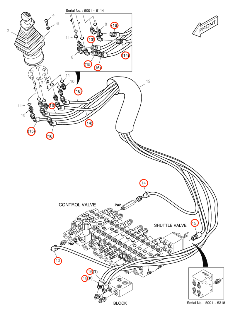 Doosan DX55W installation diagram showing hydraulic hose DS2093073 at Pipe No. 13