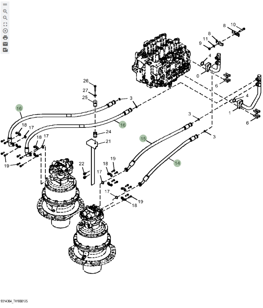 Hitachi ZX670LC-6 installation diagram showing hydraulic hose 4331603 at Pipe No. 16
