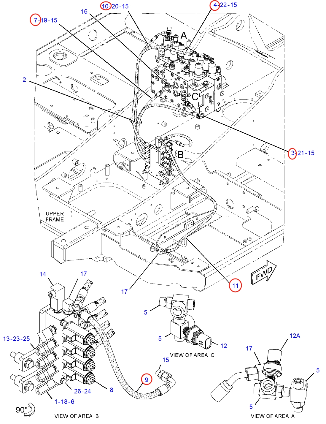Caterpillar CAT®312E L installation diagram showing hydraulic hose 087-4503 at Pipe No. 3