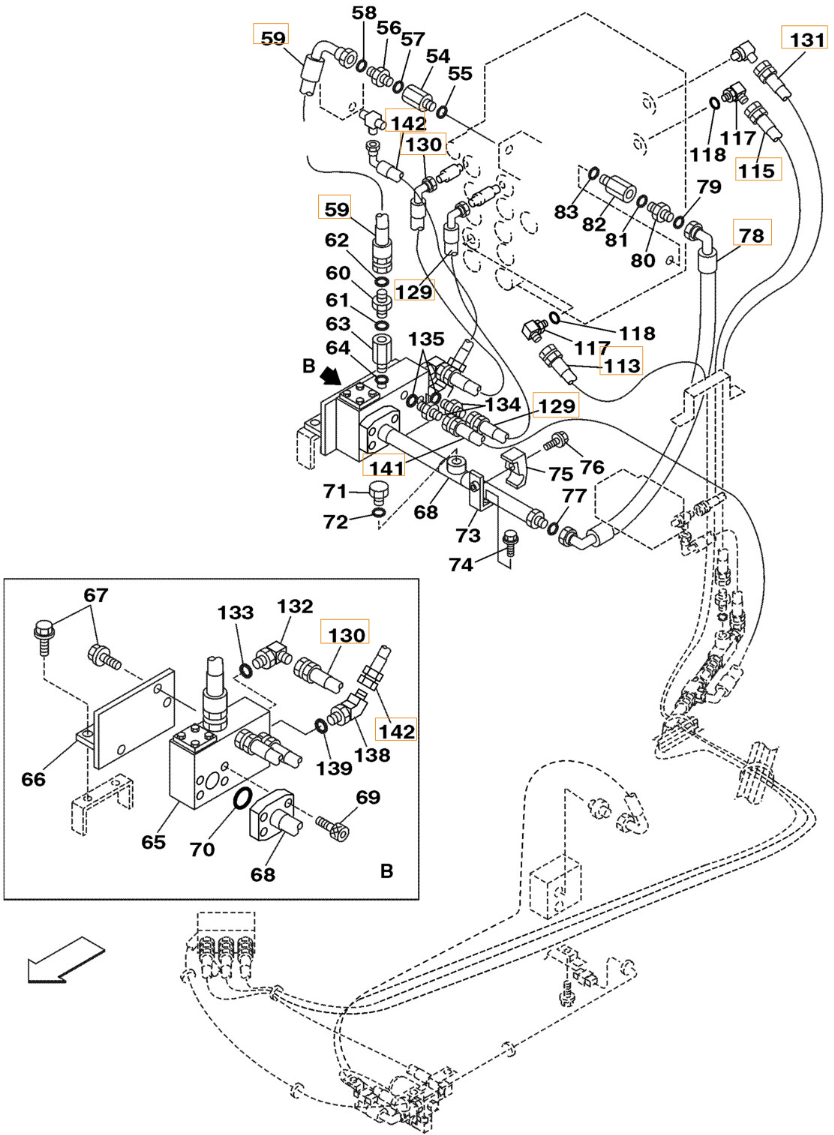 Case CX290 installation diagram showing hydraulic hose 151904A1 at Pipe No. 113