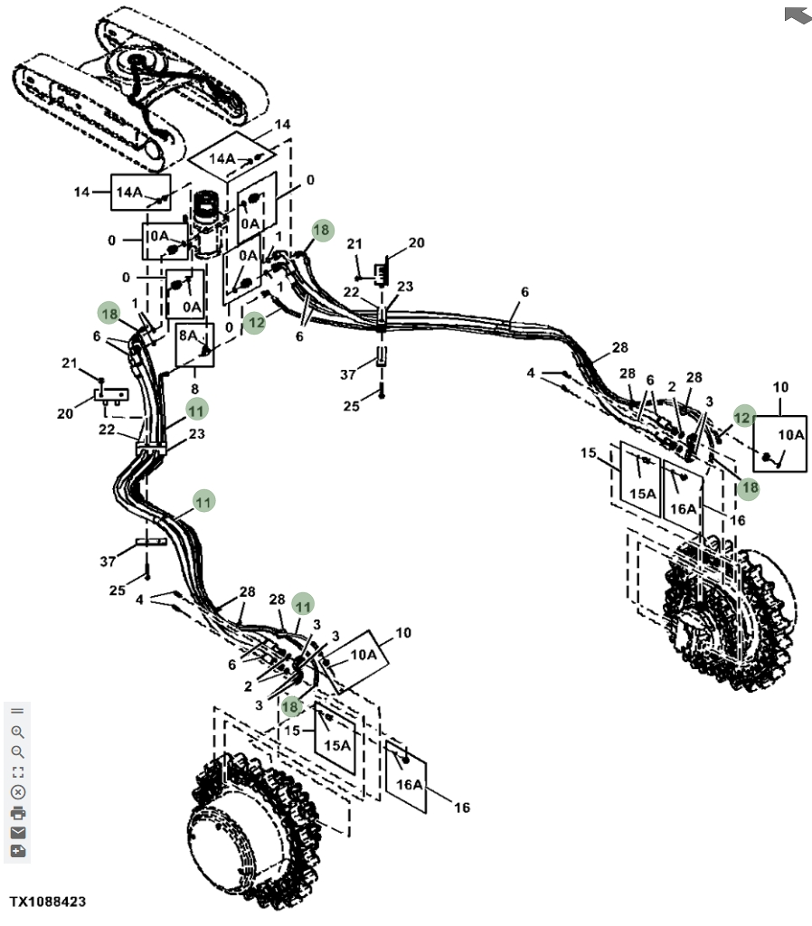 Hitachi ZX670LC-6 installation diagram showing hydraulic hose 4644543 at Pipe No. 18