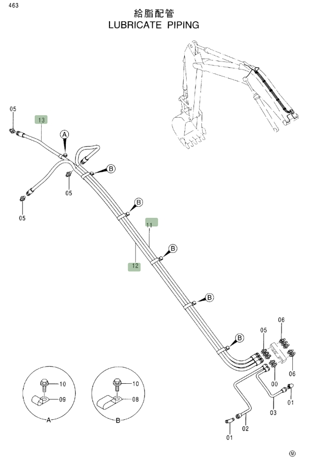Hitachi EX370-5 installation diagram showing hydraulic hose 4257291 at Pipe No. 12
