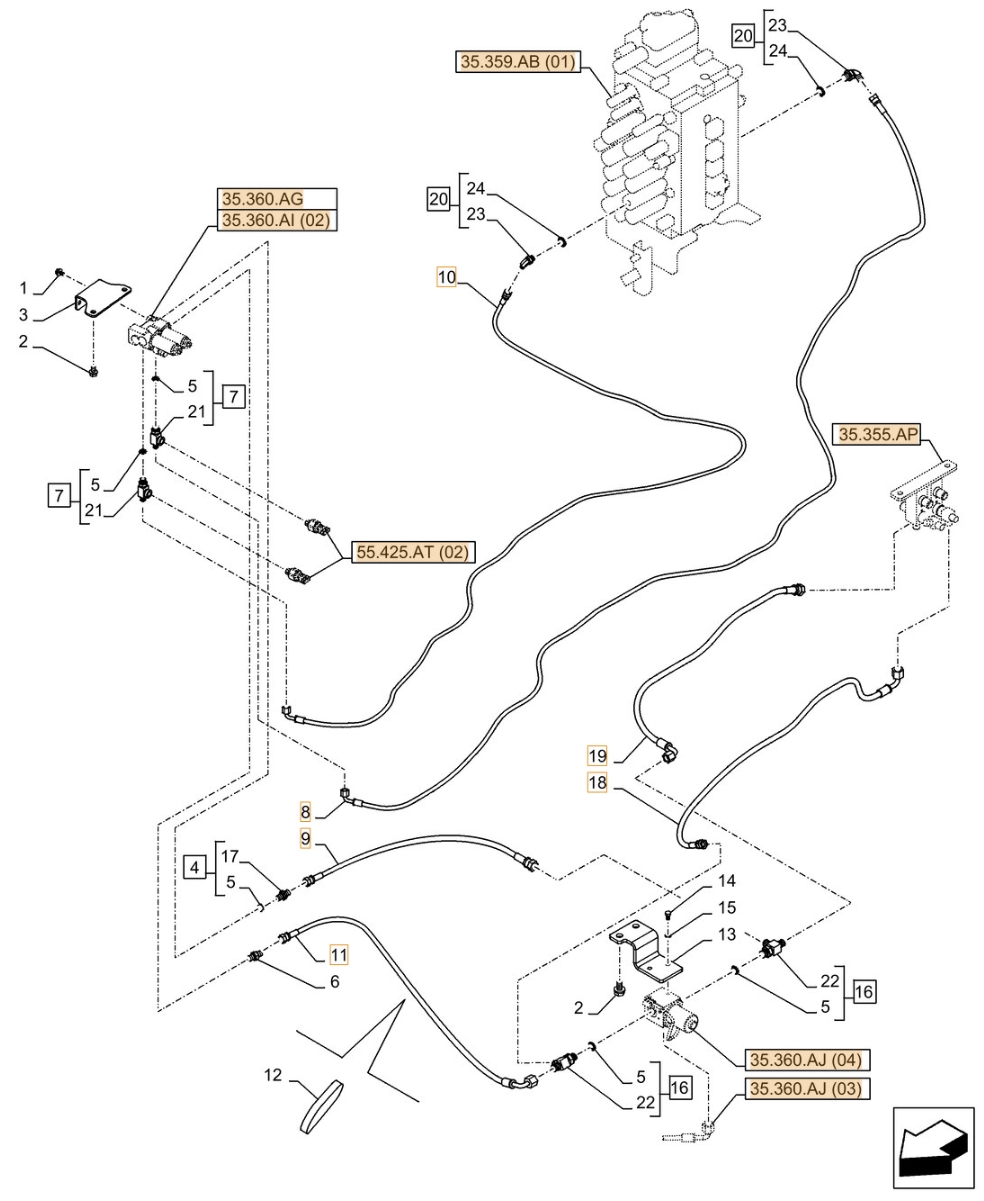 Case CX370D LC installation diagram showing hydraulic hose KHJ25060 at Pipe No. 10