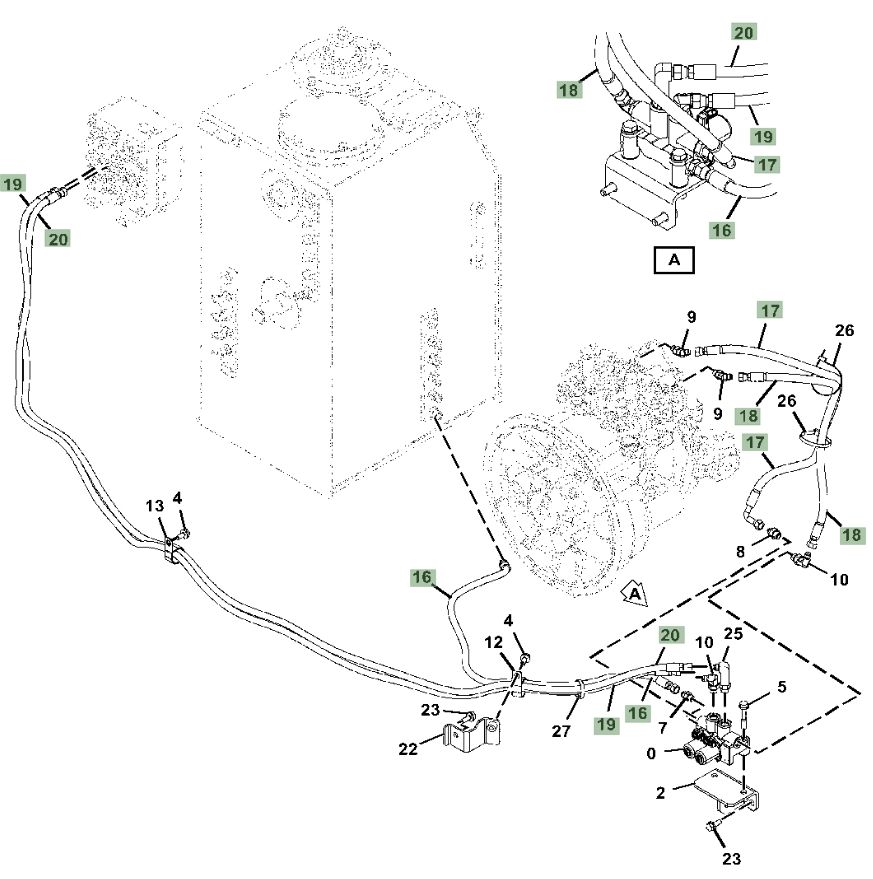 Hitachi ZX190W-6N installation diagram showing hydraulic hose 4474669 at Pipe No. 18