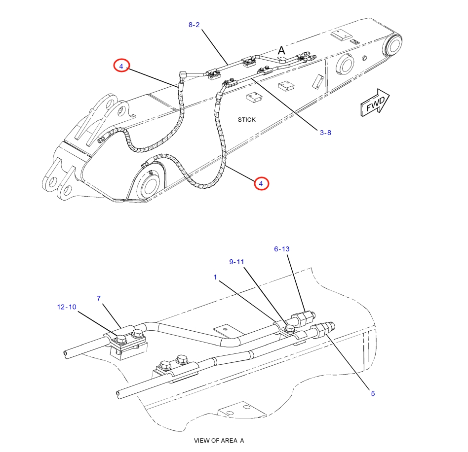 Caterpillar CAT®316F L installation diagram showing hydraulic hose 277-1251 at Pipe No. 4