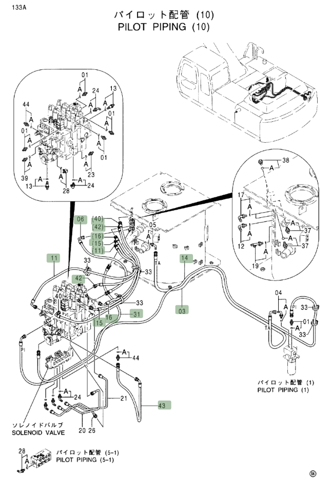 Hitachi EX370-5 installation diagram showing hydraulic hose 4221221 at Pipe No. 16