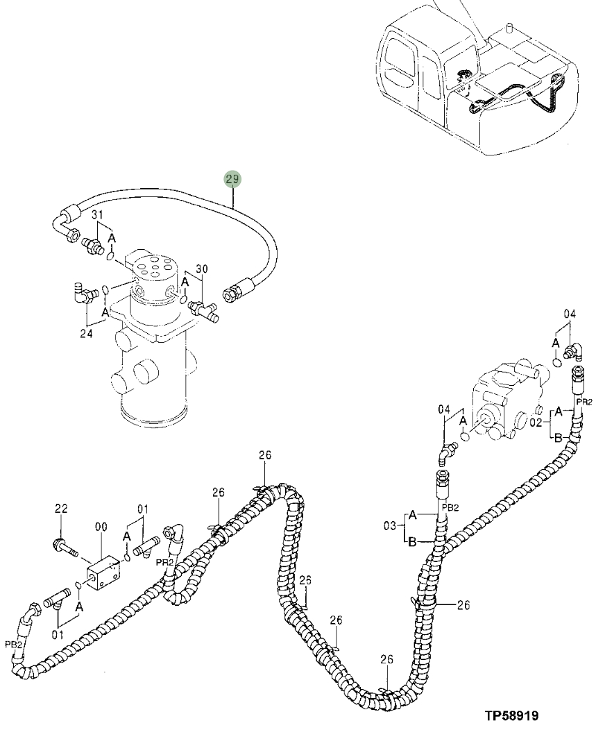 Hitachi EX110-5 installation diagram showing hydraulic hose 4683010 at Pipe No. 29