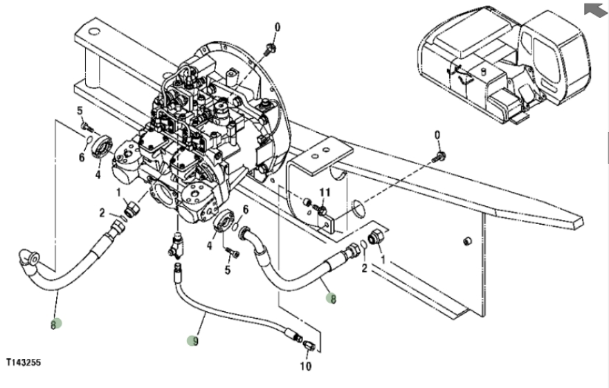 Hitachi ZX250F installation diagram showing hydraulic hose 4437834 at Pipe No. 9