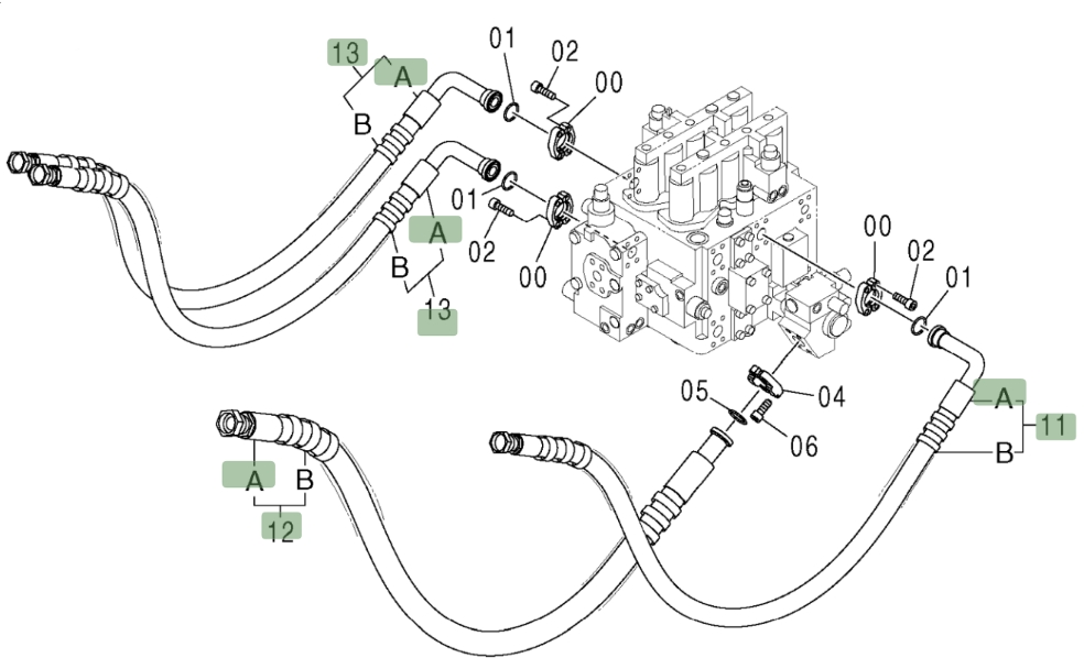 Hitachi ZX370 installation diagram showing hydraulic hose 9196720 at Pipe No. 12