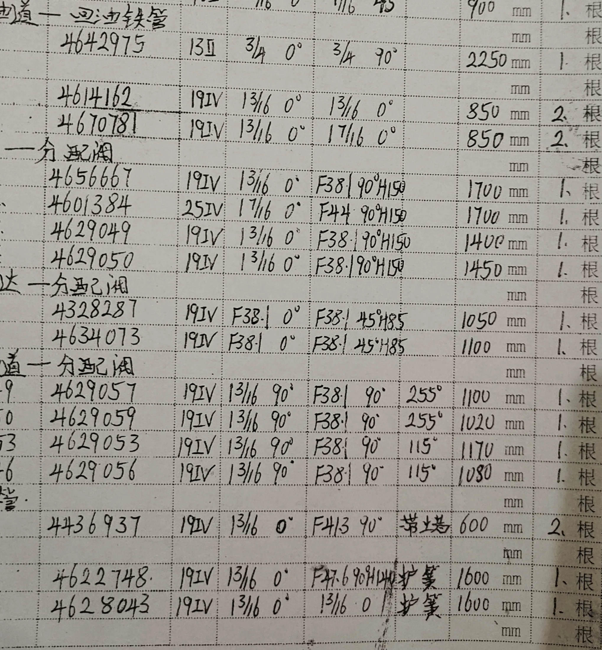 Hitachi ZX250H-3 hydraulic hose part numbers and recorded lengths — technician notebook page 1 of 5