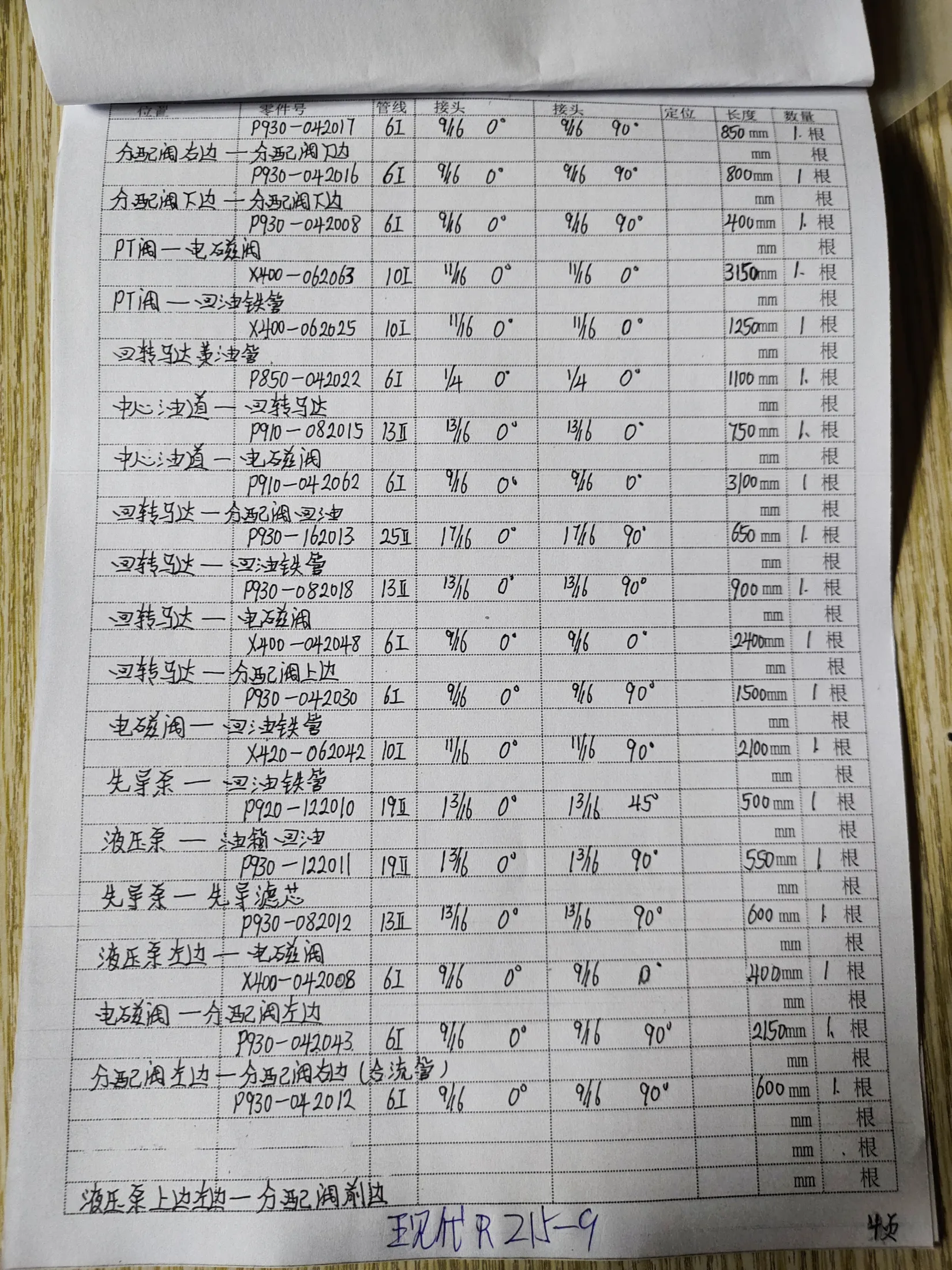 Hyundai R215-9 hydraulic hose part numbers and recorded lengths — technician notebook page 4 of 5