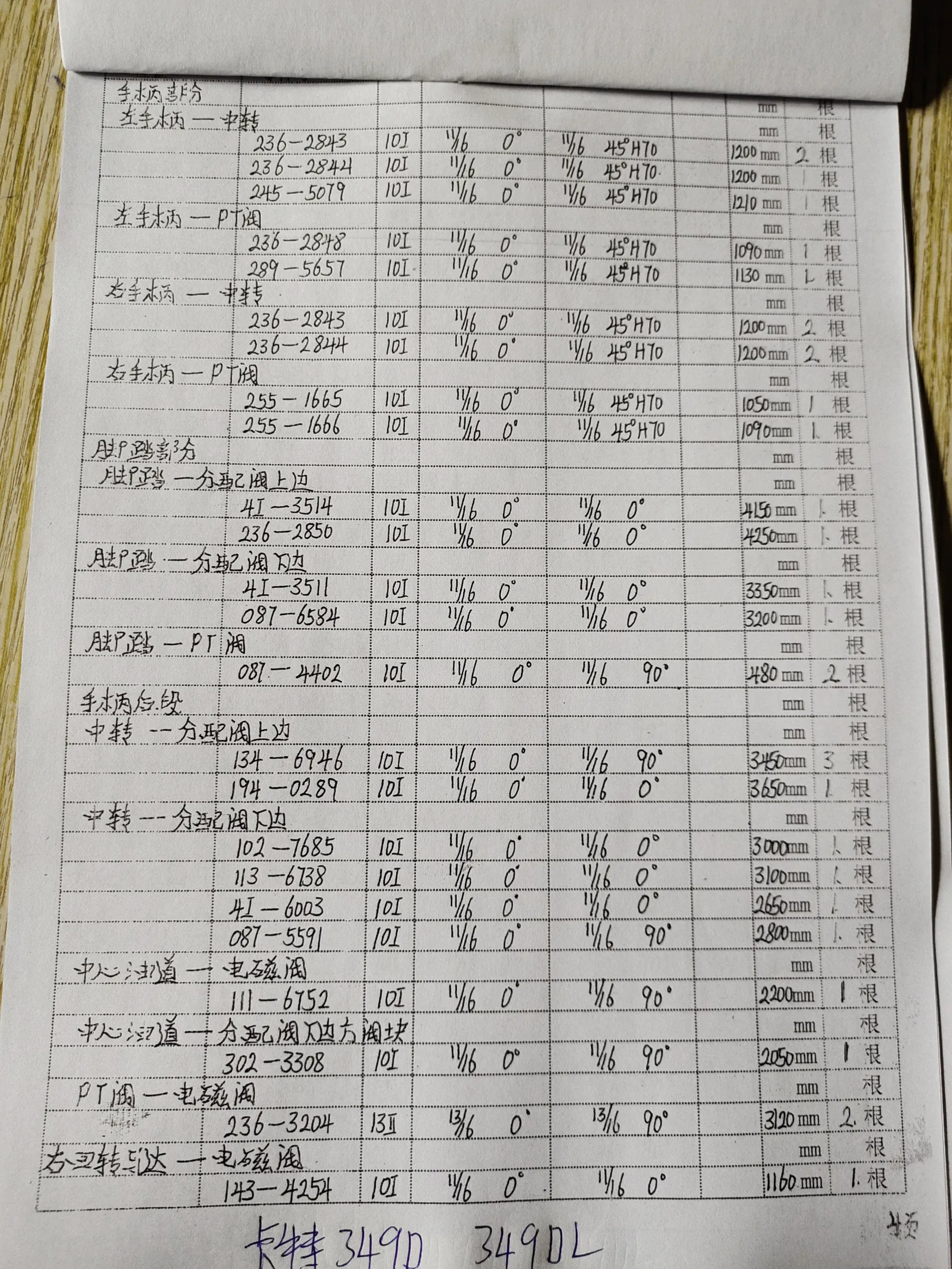 Caterpillar 349DL hydraulic hose part numbers and recorded lengths — technician notebook page 4 of 6 — recorded hose parts 4I-3511, 4I-600