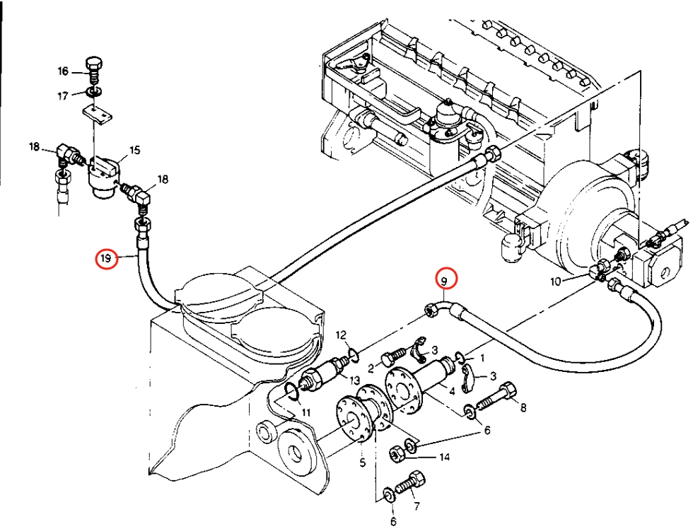 Caterpillar CAT®214B installation diagram showing hydraulic hose 8U-0348 at Pipe No. 19