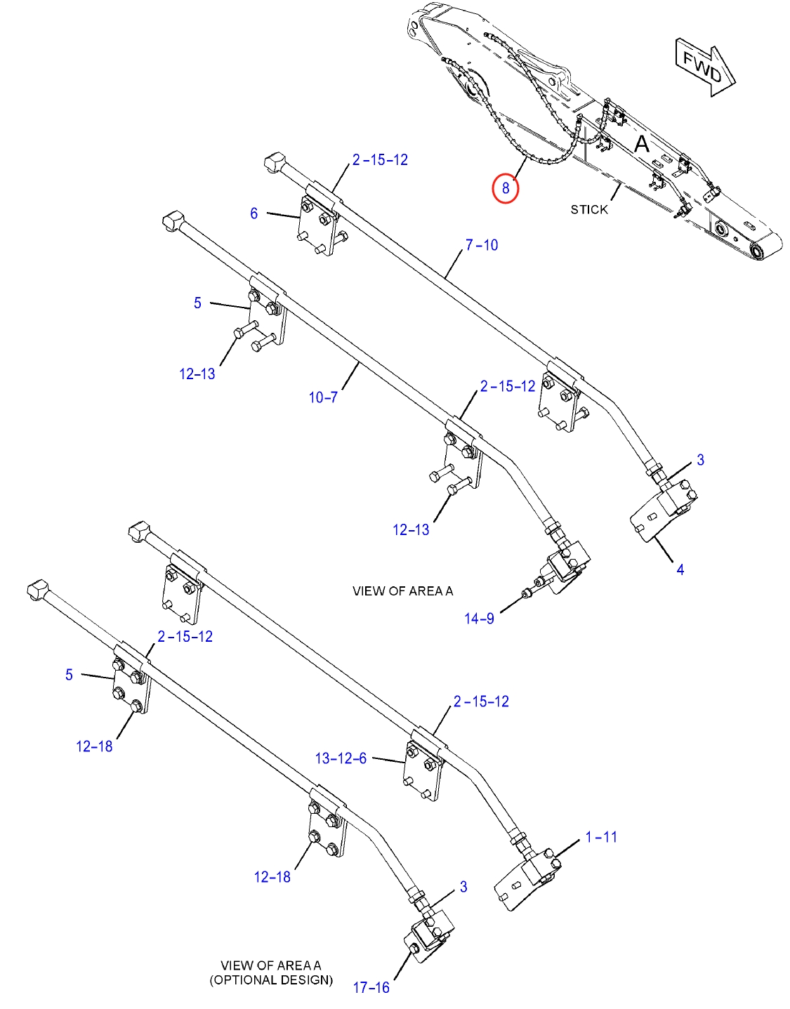 Caterpillar CAT®314F CR installation diagram showing hydraulic hose 372-9809 at Pipe No. 8