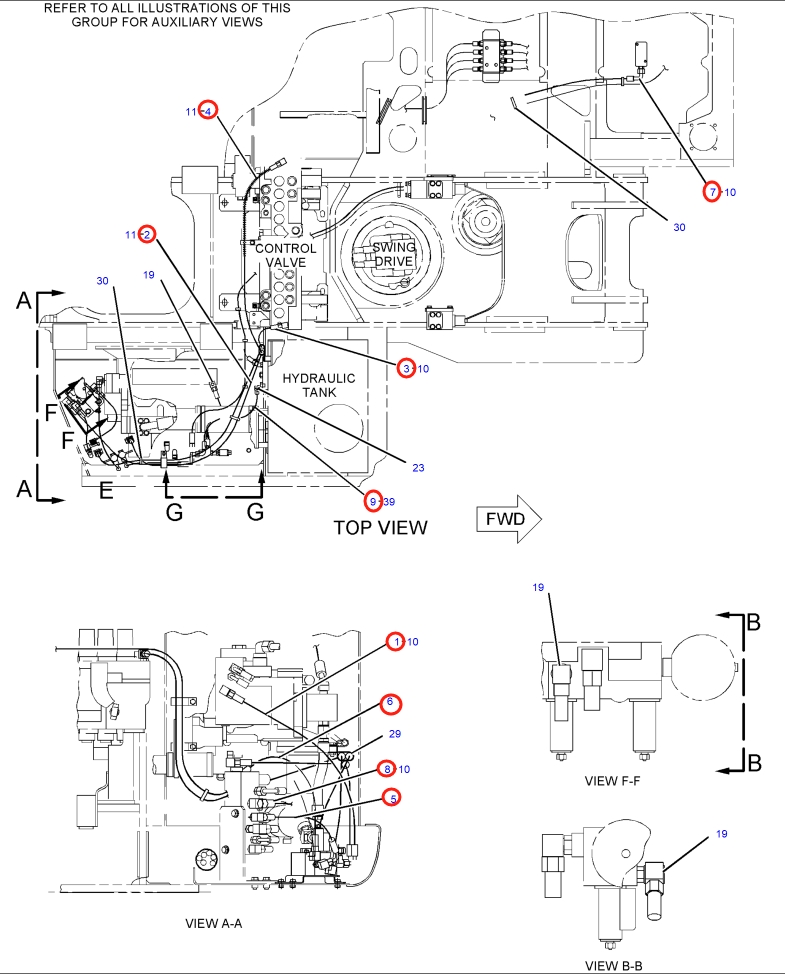 Caterpillar CAT®318C installation diagram showing hydraulic hose 4I-1031 at Pipe No. 6