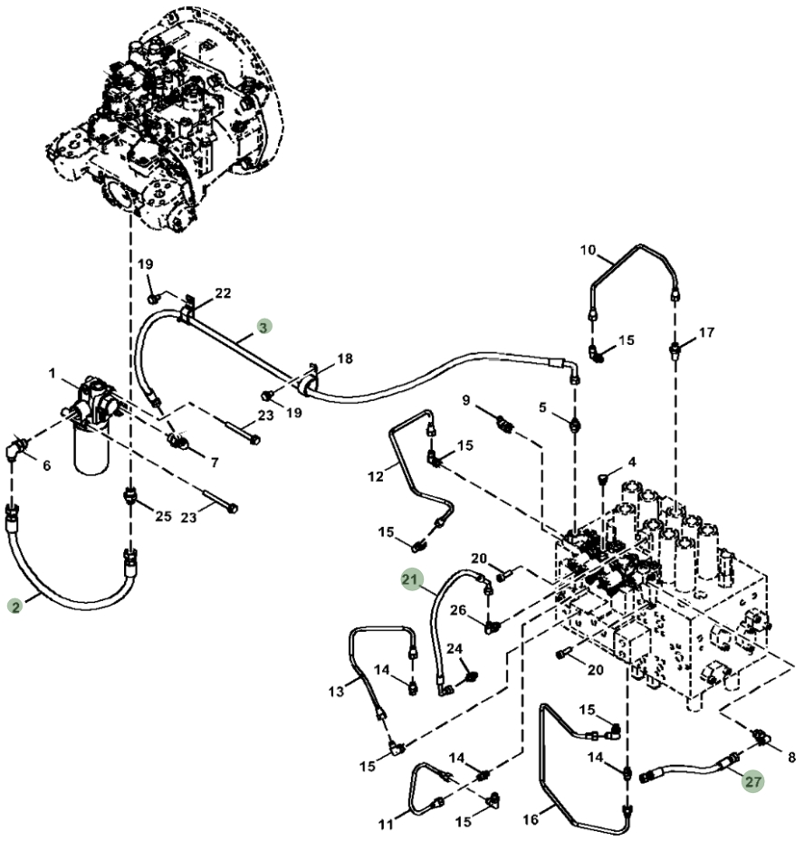 Hitachi ZX210-5G installation diagram showing hydraulic hose 4643029 at Pipe No. 21