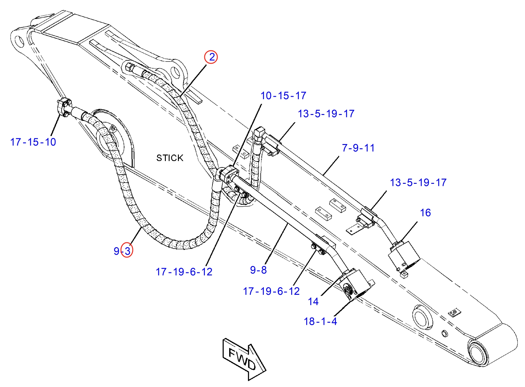 Caterpillar CAT®312D2 L installation diagram showing hydraulic hose 187-6692 at Pipe No. 2