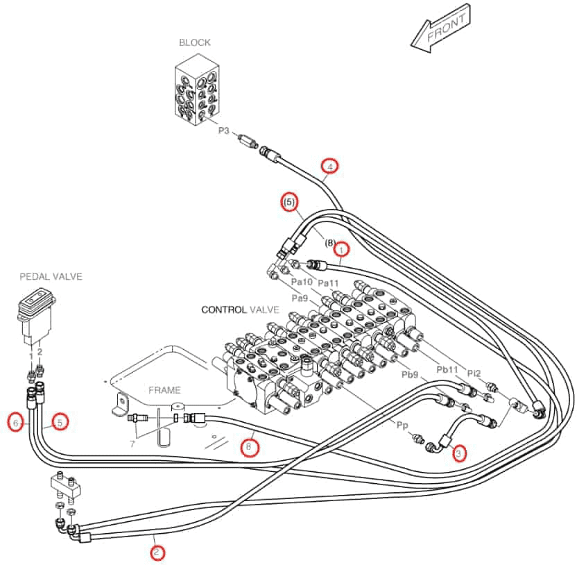 Doosan DX60R installation diagram showing hydraulic hose DS2094041 at Pipe No. 6