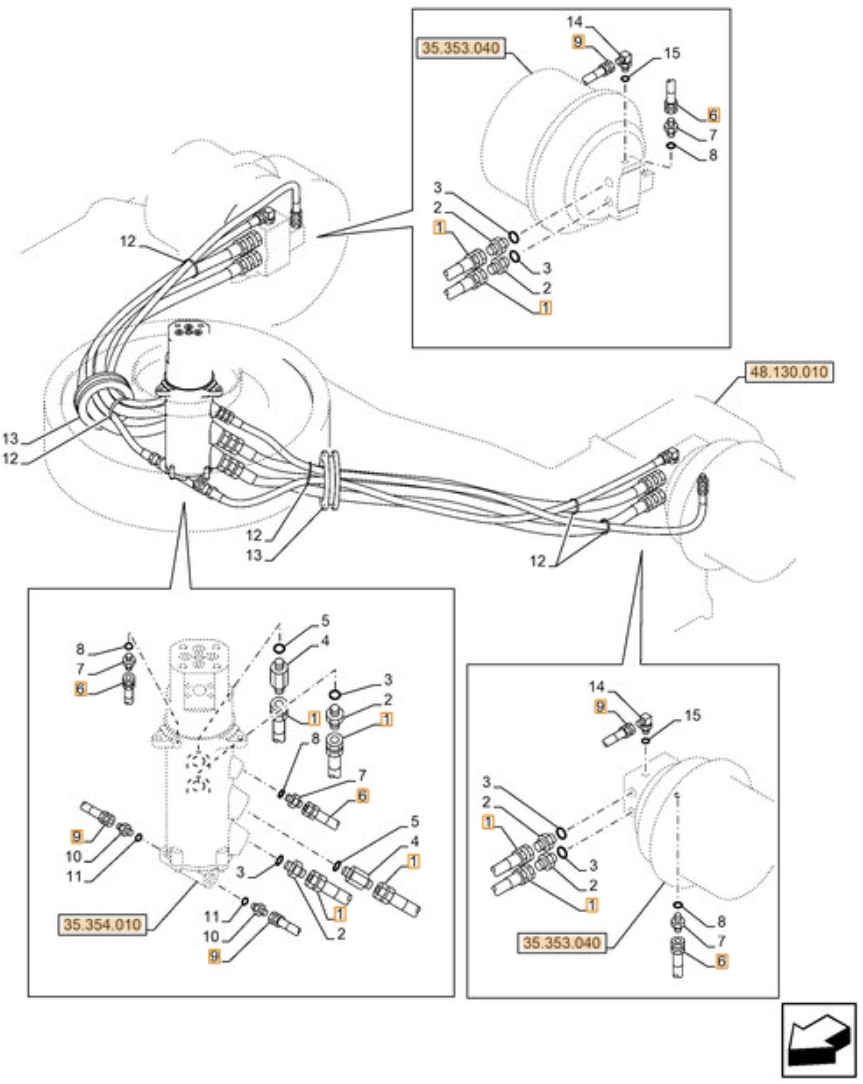 Case CX380D LC installation diagram showing hydraulic hose KRJ6044 at Pipe No. 9