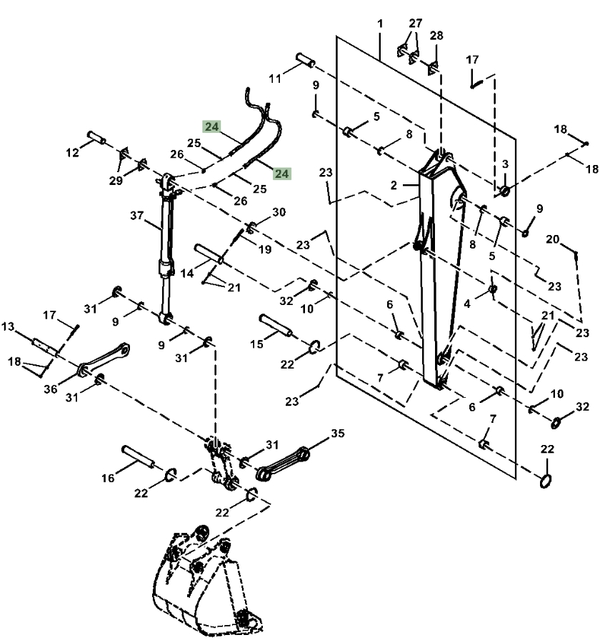 Hitachi ZX180LC-5G installation diagram showing hydraulic hose 4644709 at Pipe No. 24