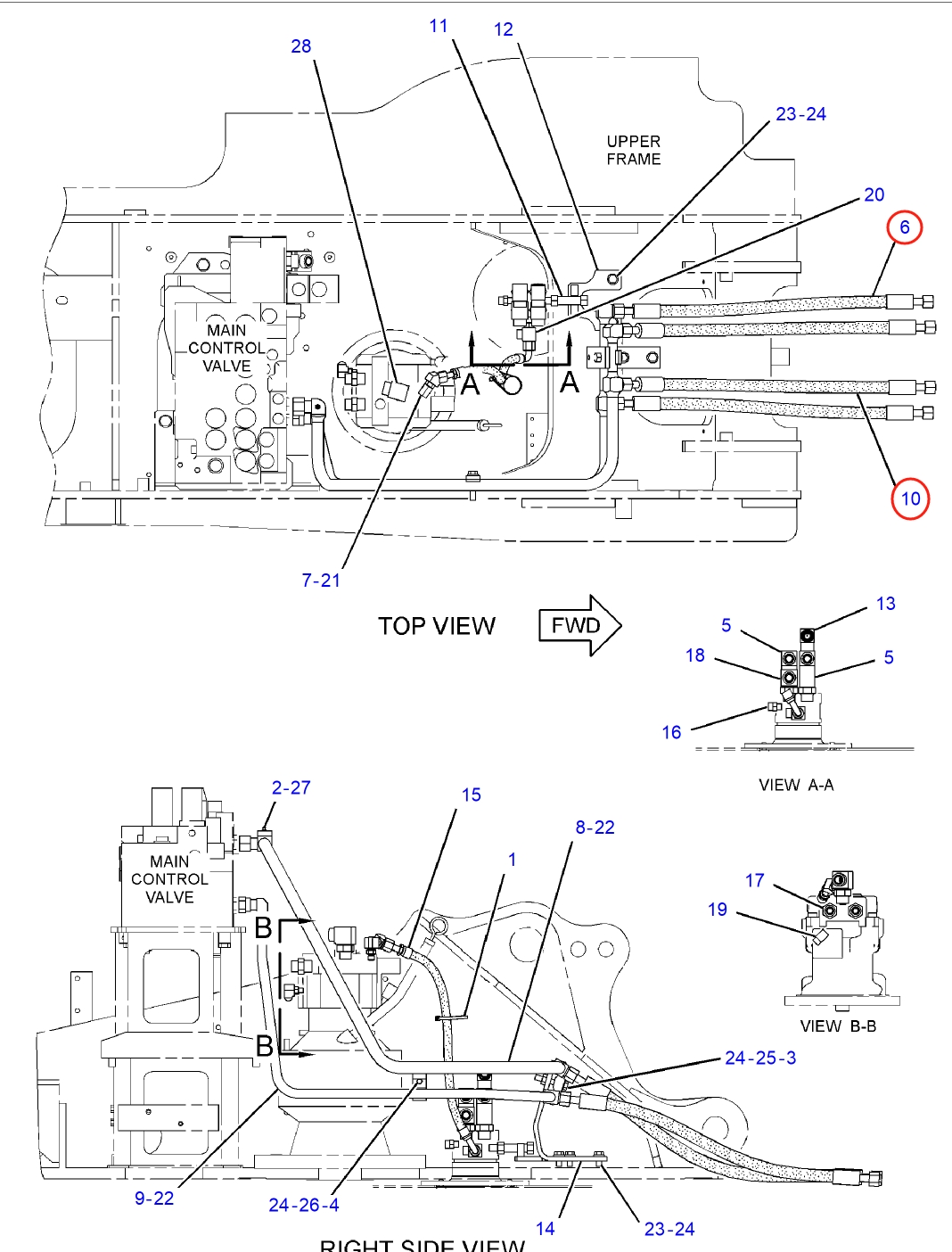 Caterpillar CAT®312D L installation diagram showing hydraulic hose 187-7173 at Pipe No. 10