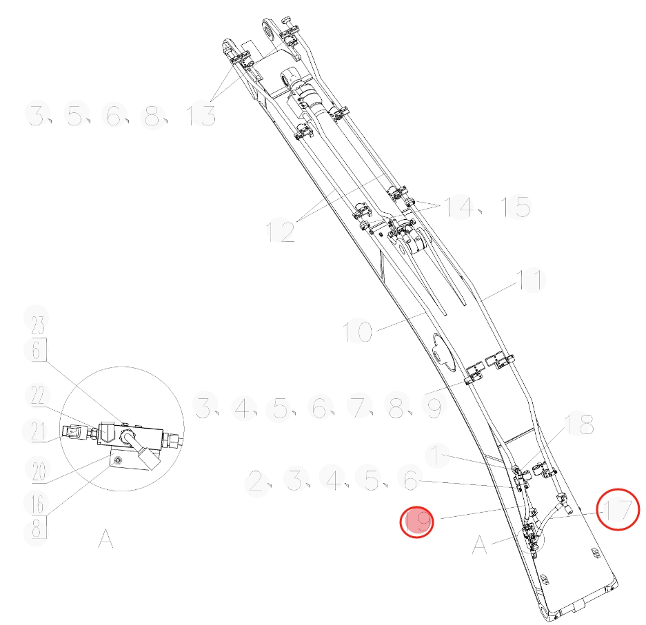 Sunward SWE365F installation diagram showing hydraulic hose 730503001420 at Pipe No. 17